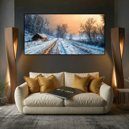Tablou modern pentru sufragerie „The Unfinished Journey” – mockup decorativ cu drum, casă sau gară uitată