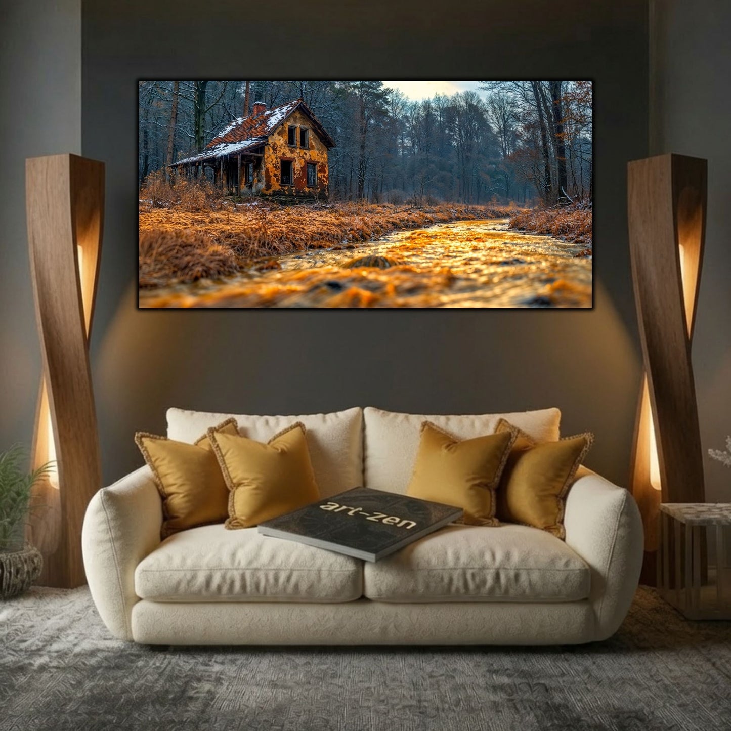 Tablou modern pentru sufragerie „The Empty Chair” – mockup decorativ cu drum, casă sau gară uitată