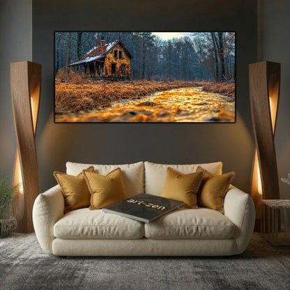 Tablou modern pentru sufragerie „The Empty Chair” – mockup decorativ cu drum, casă sau gară uitată