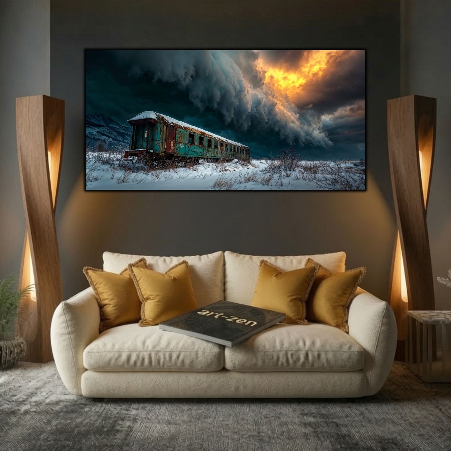 Tablou modern pentru sufragerie „Carriage in the Storm” – mockup decorativ cu drum, casă sau gară uitată