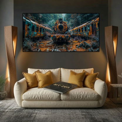 Tablou modern pentru sufragerie „The Silent Engine” – mockup decorativ cu drum, casă sau gară uitată