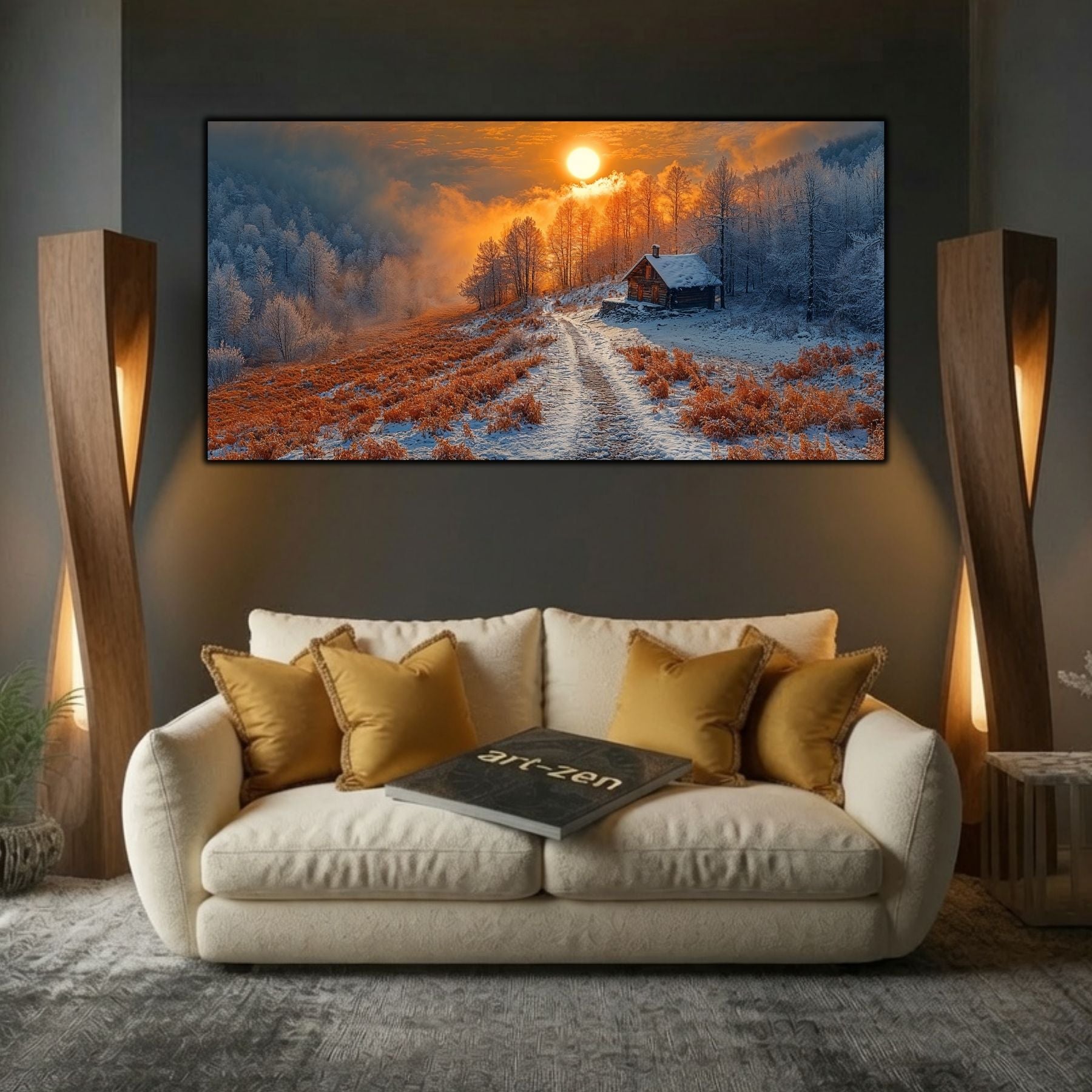 Tablou modern pentru sufragerie „Track to Dawn” – mockup decorativ cu drum, casă sau gară uitată