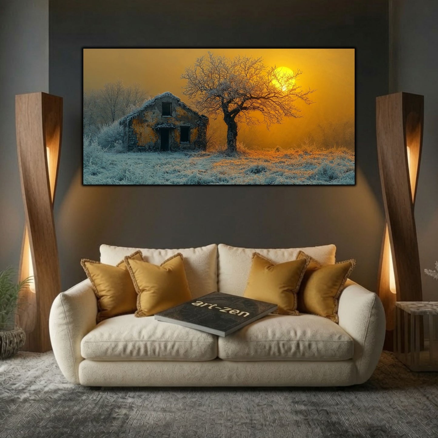 Tablou modern pentru sufragerie „The Last Orchard” – mockup decorativ cu drum, casă sau gară uitată