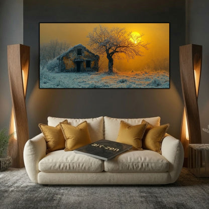 Tablou modern pentru sufragerie „The Last Orchard” – mockup decorativ cu drum, casă sau gară uitată