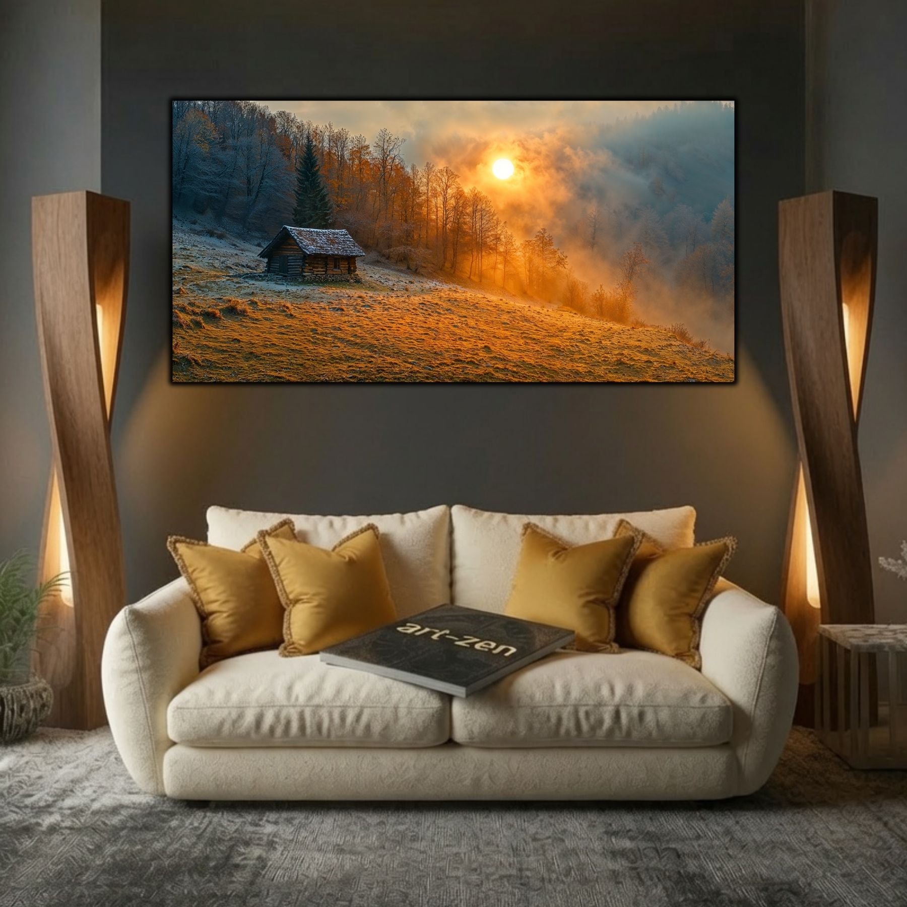 Tablou modern pentru sufragerie „Cabin Under Amber” – mockup decorativ cu drum, casă sau gară uitată
