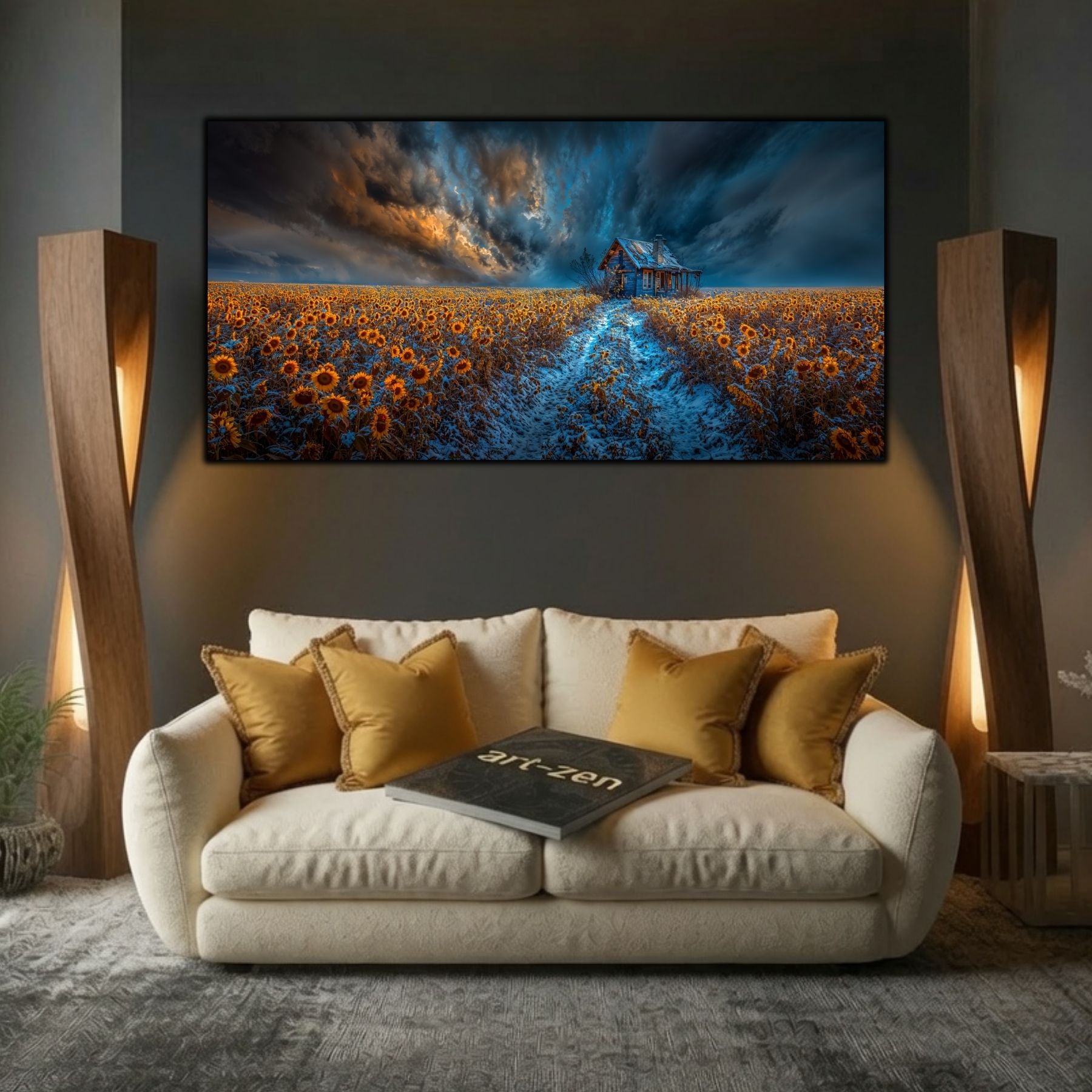 Tablou modern pentru sufragerie „Summer Under Snow” – mockup decorativ cu drum, casă sau gară uitată