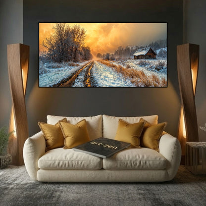 Tablou modern pentru sufragerie „The Road Remembers” – mockup decorativ cu drum, casă sau gară uitată