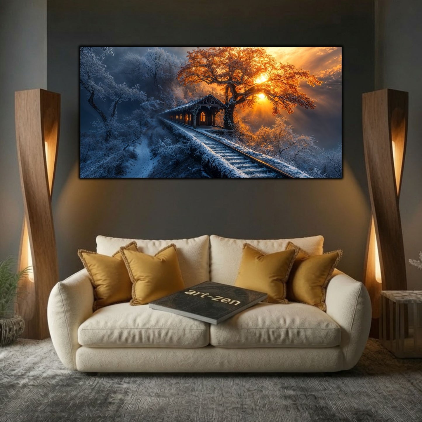 Tablou modern pentru sufragerie „Track to Home” – mockup decorativ cu drum, casă sau gară uitată