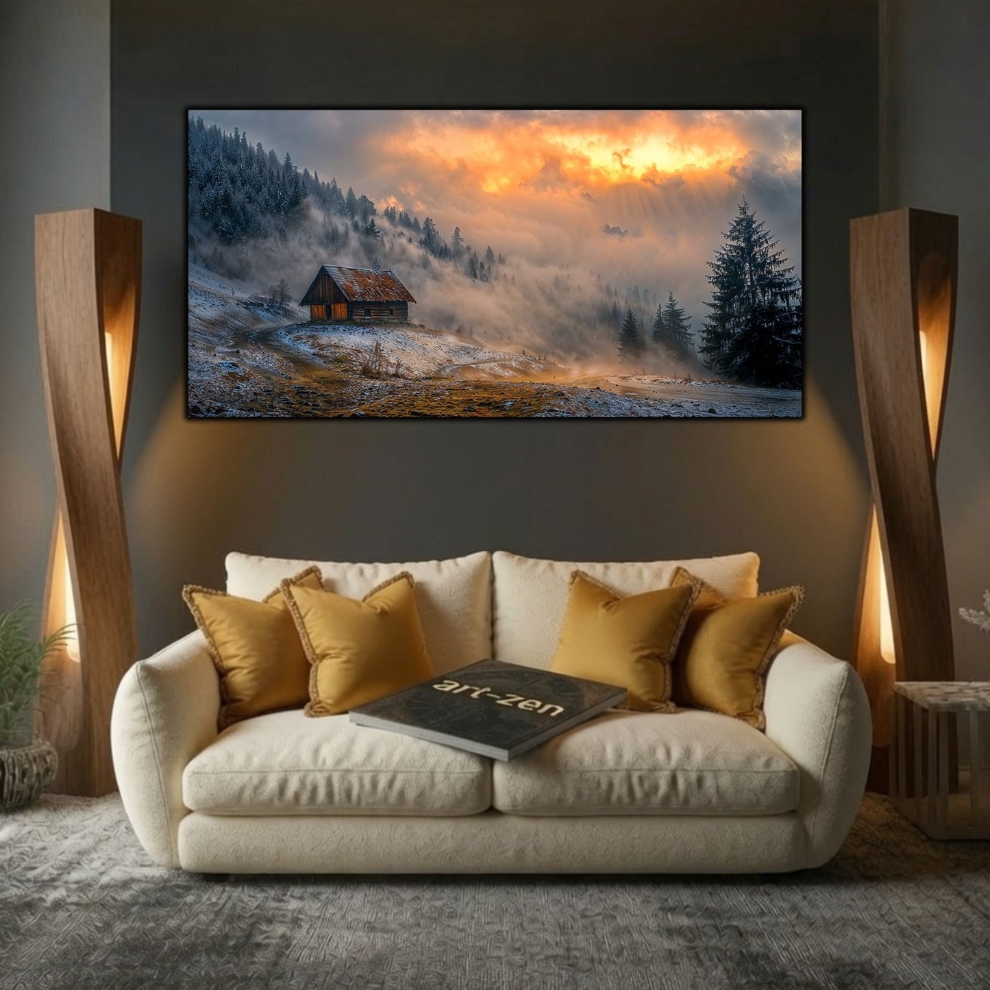 Tablou modern pentru sufragerie „The Long Thaw” – mockup decorativ cu drum, casă sau gară uitată