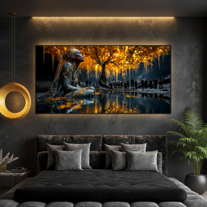 Tablouri Living Sticlă – The Watcher Beneath Gold | The Light We Encounter