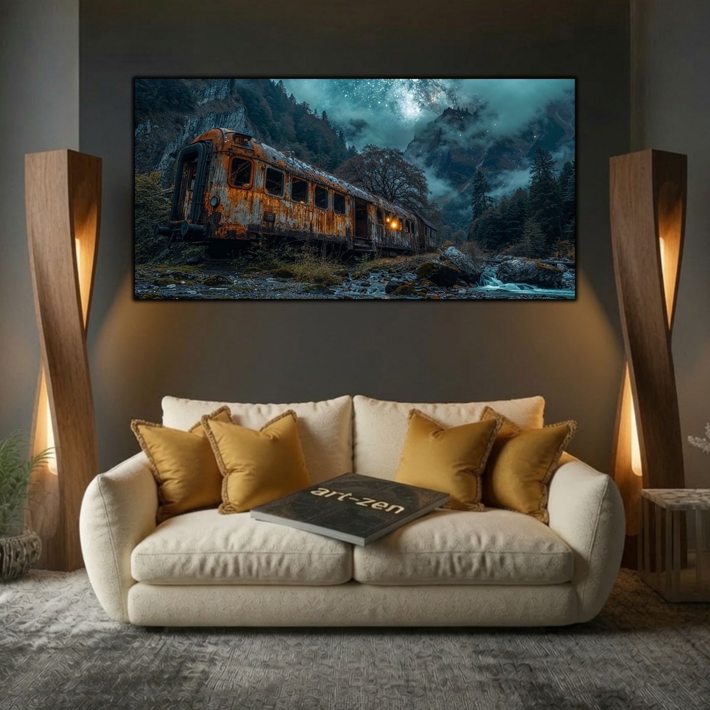 Tablou modern pentru sufragerie „Smoke on Rails” – mockup decorativ cu drum, casă sau gară uitată