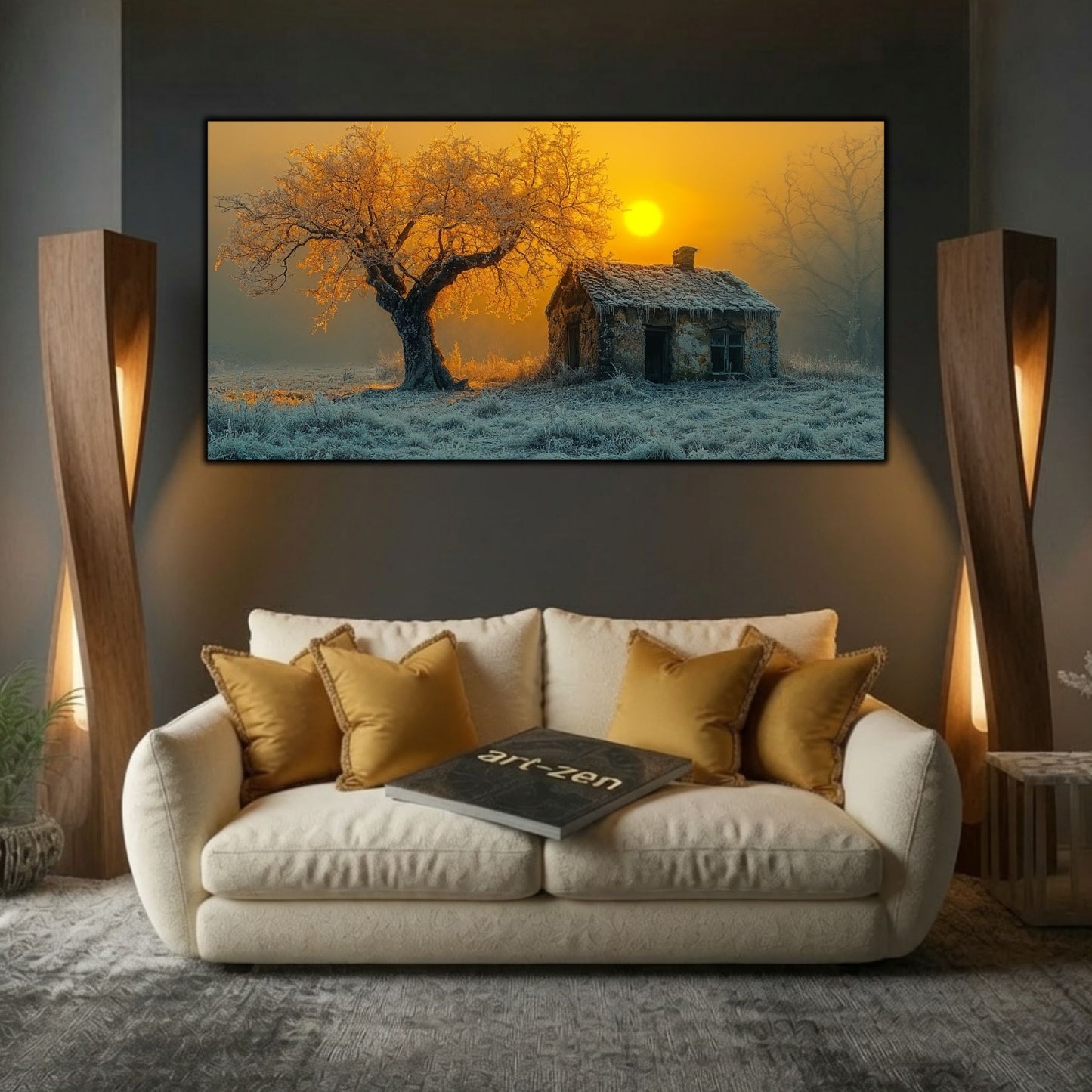 Tablou modern pentru sufragerie „House Beneath the Sun” – mockup decorativ cu drum, casă sau gară uitată