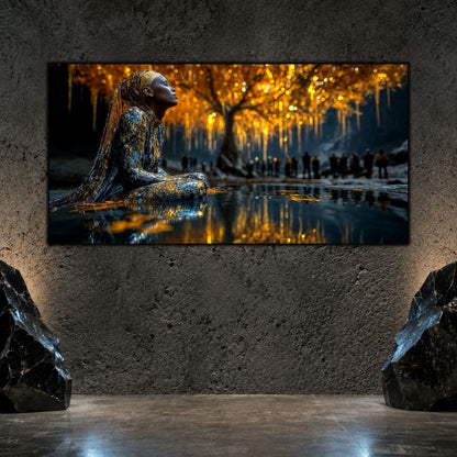 Tablouri Living Sticlă – The Watcher Beneath Gold | The Light We Encounter