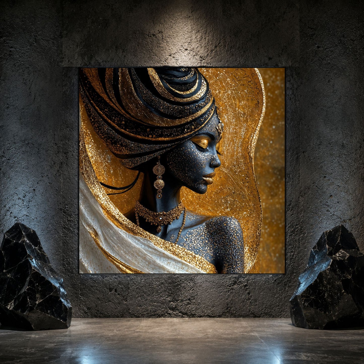 Tablou living Amber Veil pe sticlă securizată, prezentat într-un interior modern.