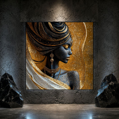 Tablou living Amber Veil pe sticlă securizată, prezentat într-un interior modern.