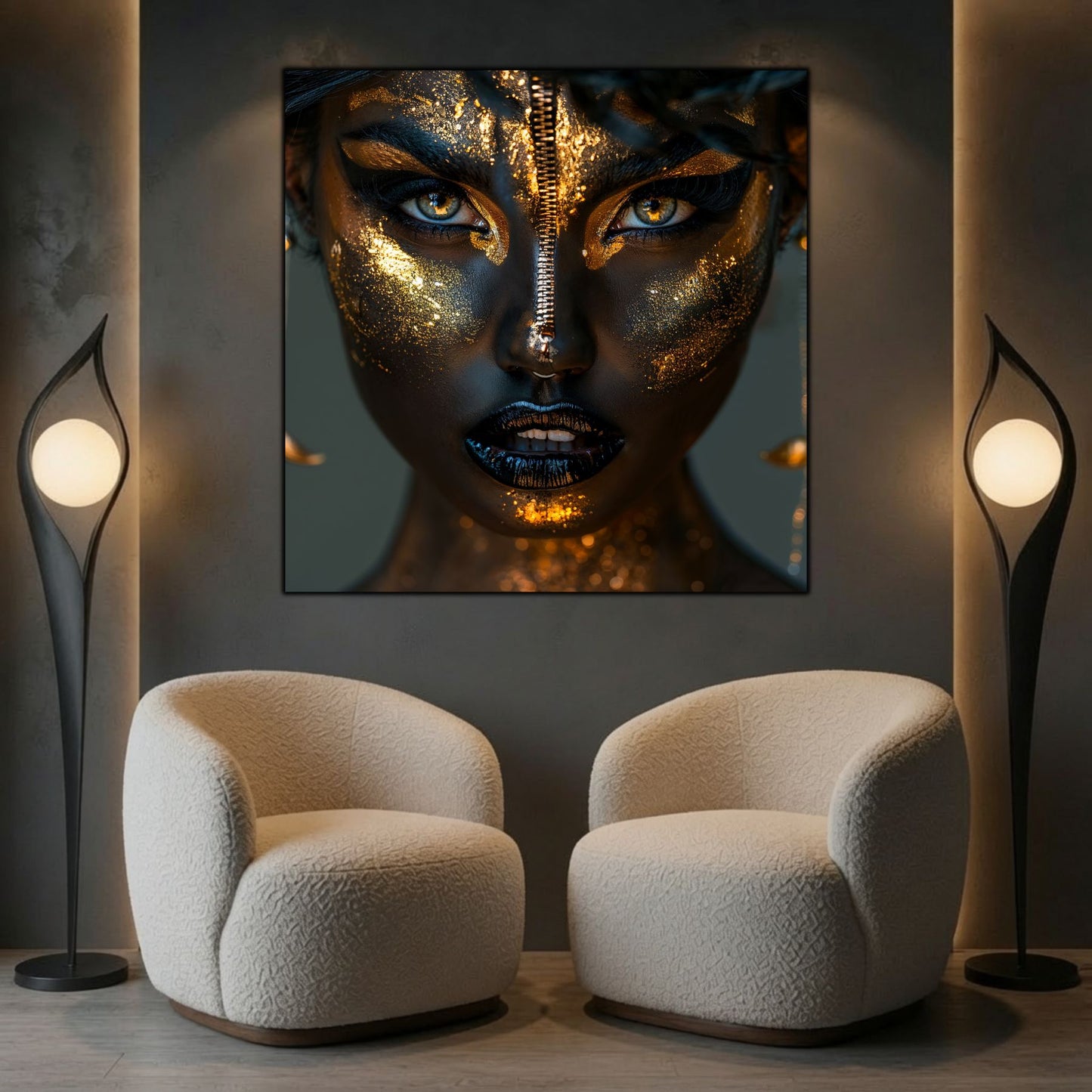 Tablou patrat modern Black Oracle printat uv, cu un portret misterios si fascinant, in culori dark si gold