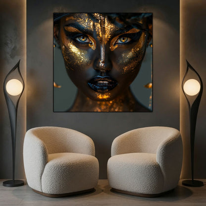 Tablou patrat modern Black Oracle printat uv, cu un portret misterios si fascinant, in culori dark si gold