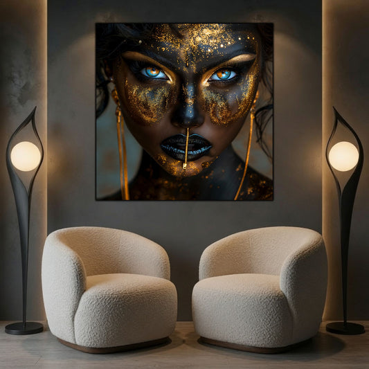 Tablou dormitor zen Golden Veil sticla securizata 4mm - mockup perspectiva 1