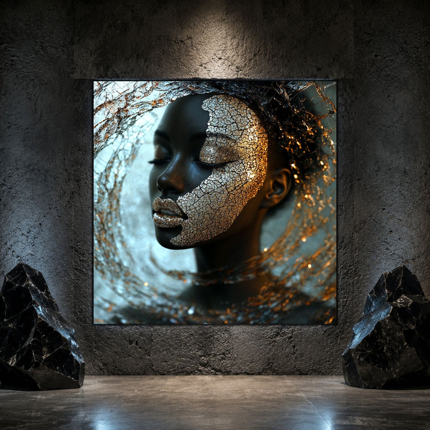 Tablou dormitor Half Light pe sticlă securizată, prezentat într-un interior modern.