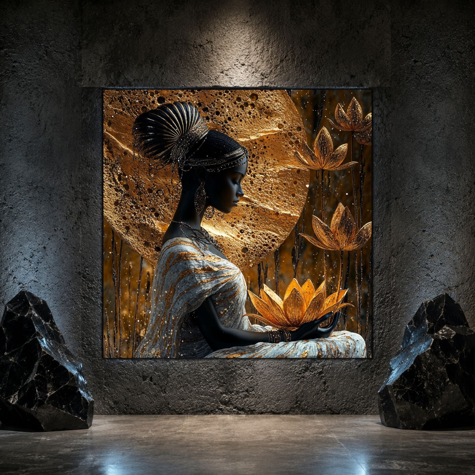 Tablou living Lotus Keeper pe sticlă securizată, prezentat într-un interior modern.