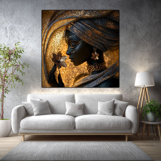 Tablou dormitor Moonlit Veil într-un living elegant, cu accente aurii și materiale naturale.