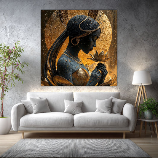 Tablou living Silent Lotus într-un living elegant, cu accente aurii și materiale naturale.