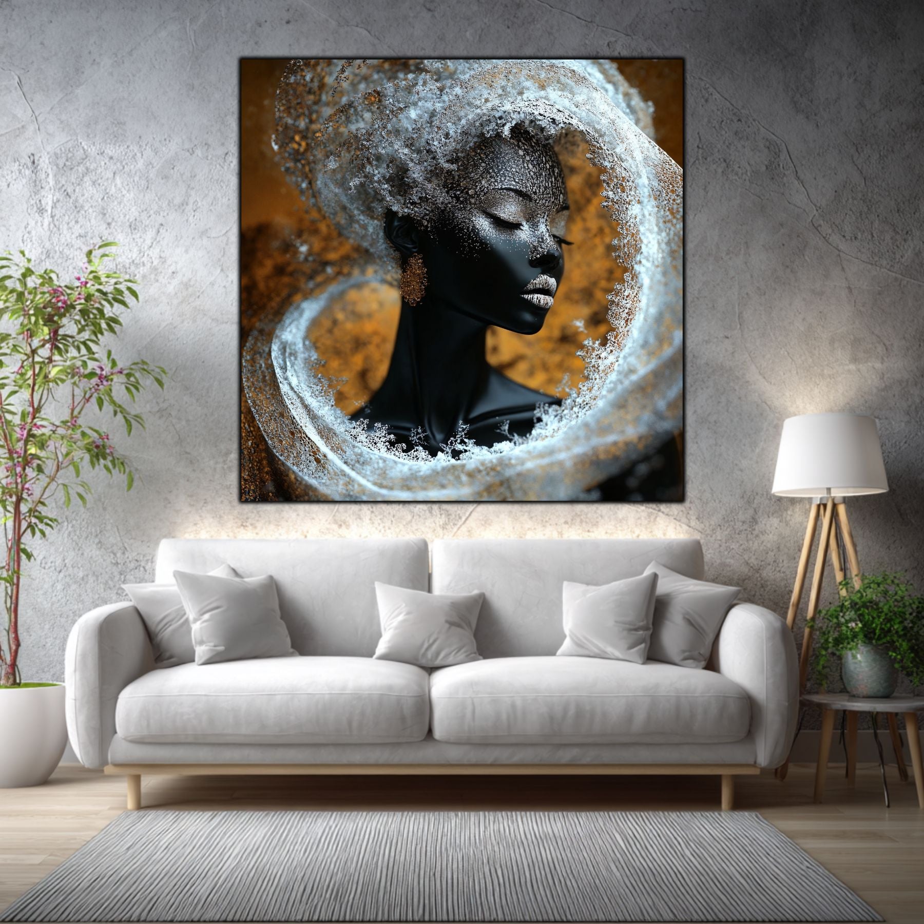 Tablou dormitor Silver Silence într-un living elegant, cu accente aurii și materiale naturale.