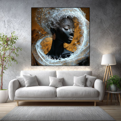 Tablou dormitor Silver Silence într-un living elegant, cu accente aurii și materiale naturale.