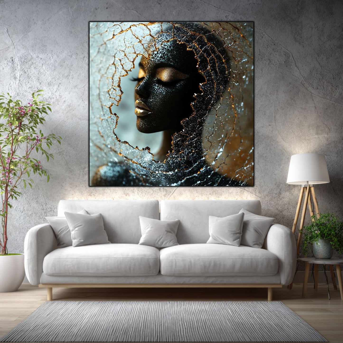 Tablou living Veil of Ice într-un living elegant, cu accente aurii și materiale naturale.