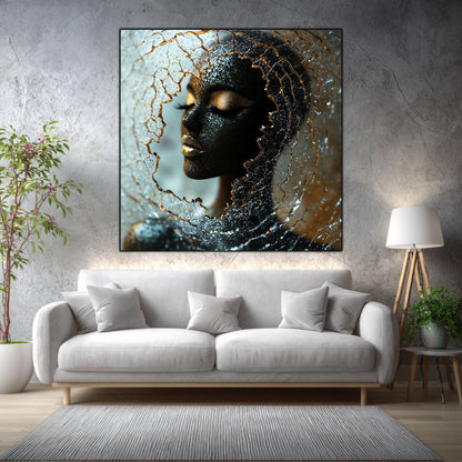 Tablou living Veil of Ice într-un living elegant, cu accente aurii și materiale naturale.