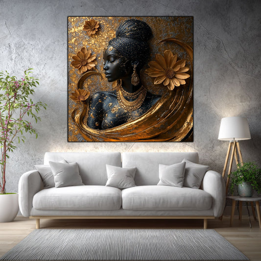 Tablou sticlă Ancestral Bloom într-un living elegant, cu accente aurii și materiale naturale.