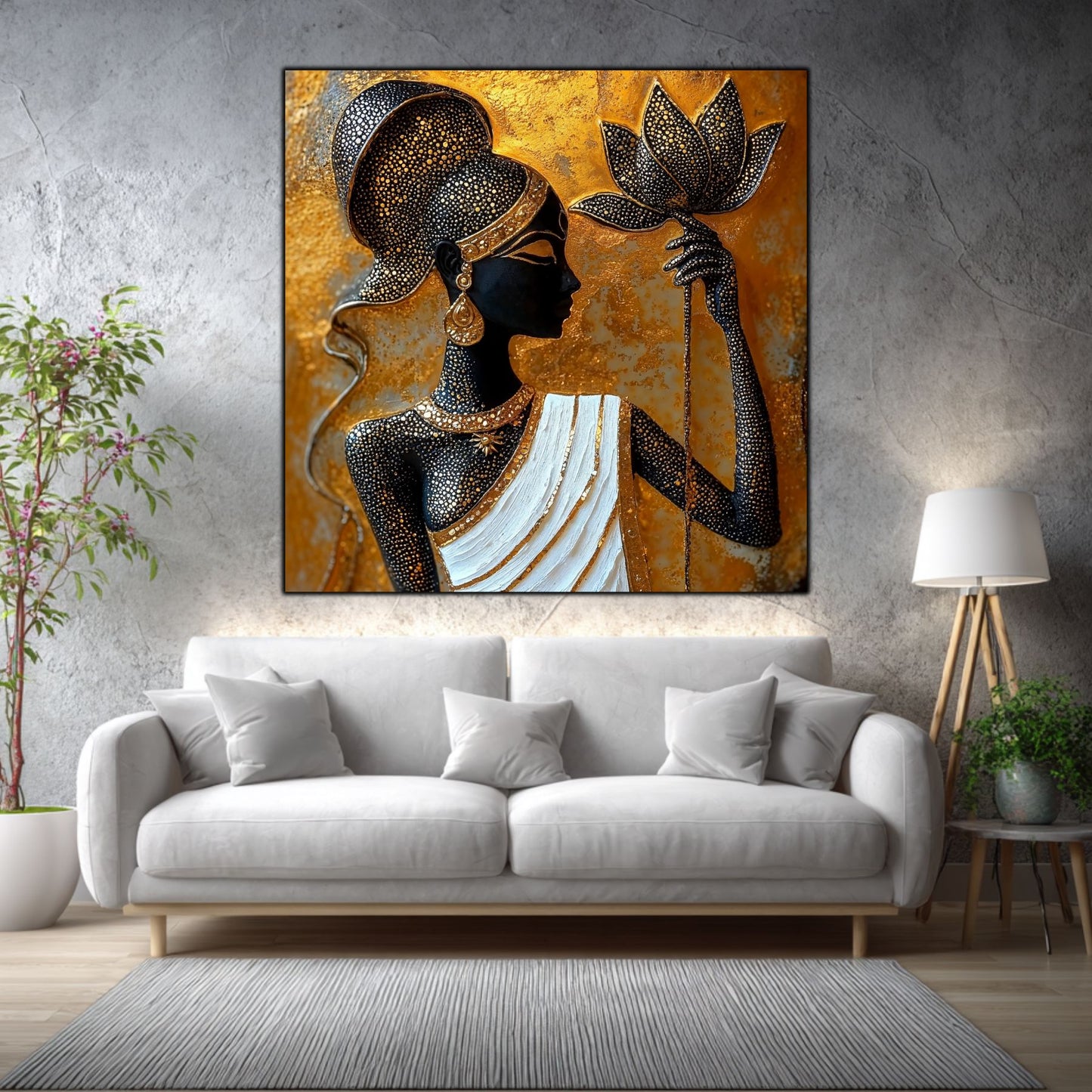 Tablou living Lotus Current într-un living elegant, cu accente aurii și materiale naturale.
