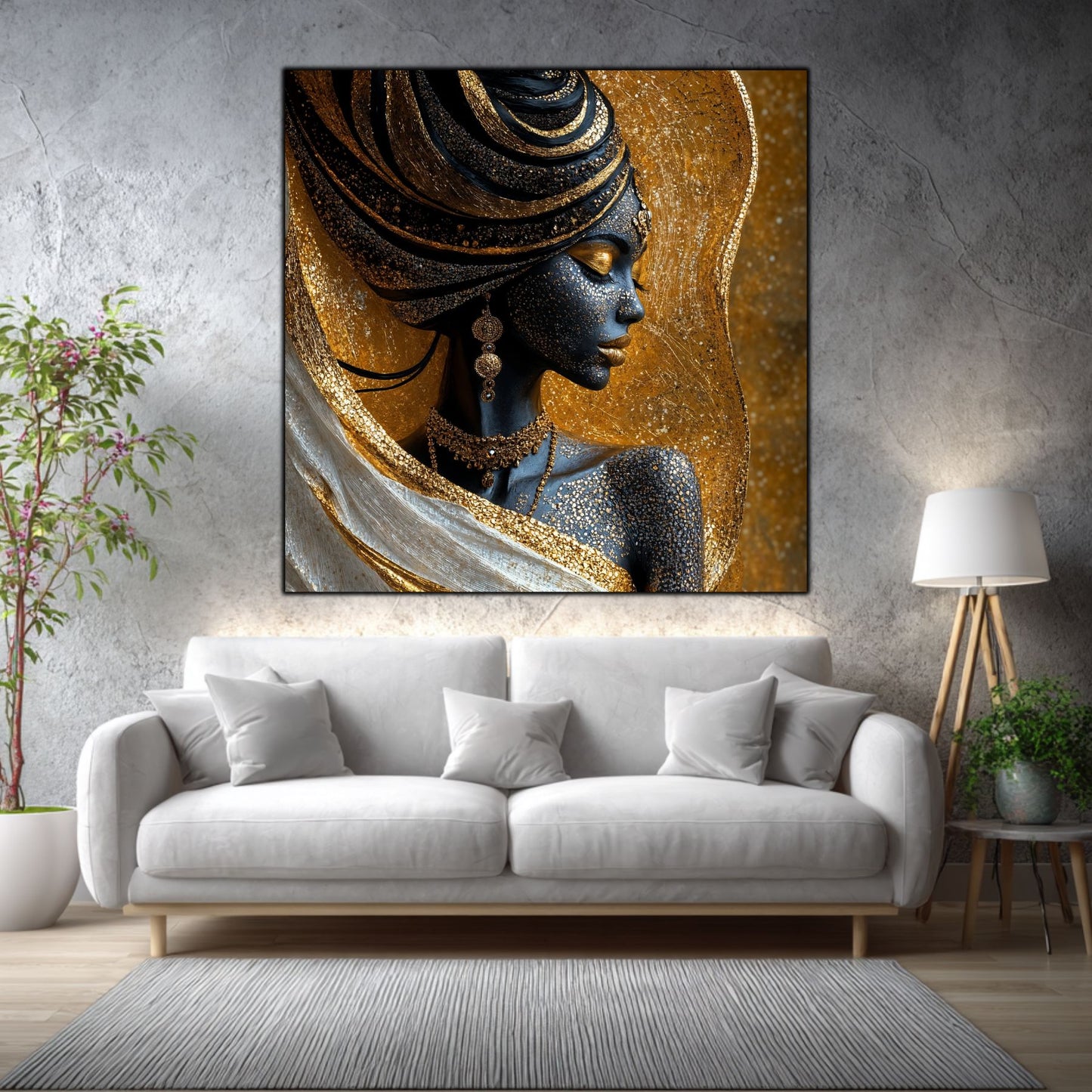 Tablou living Amber Veil într-un living elegant, cu accente aurii și materiale naturale.