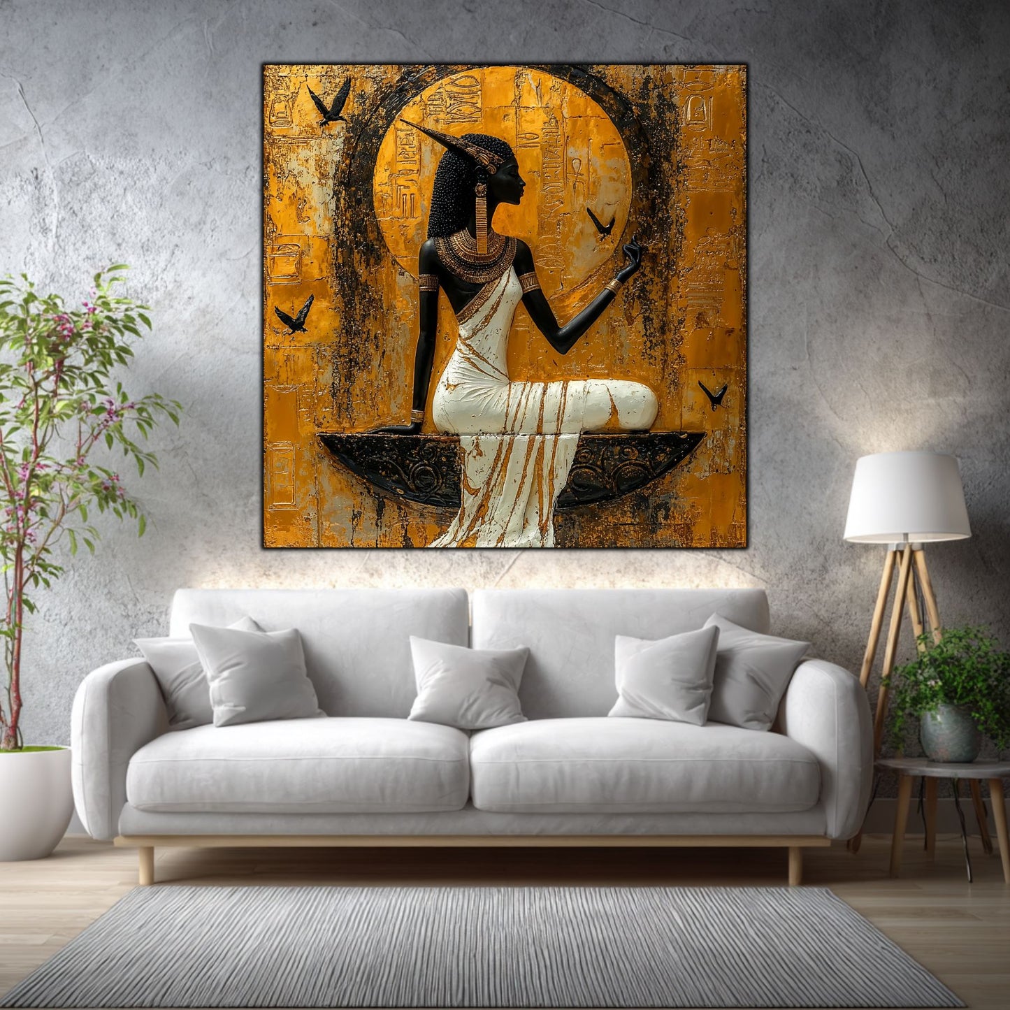 Tablou sticlă Ancestral Light într-un living elegant, cu accente aurii și materiale naturale.