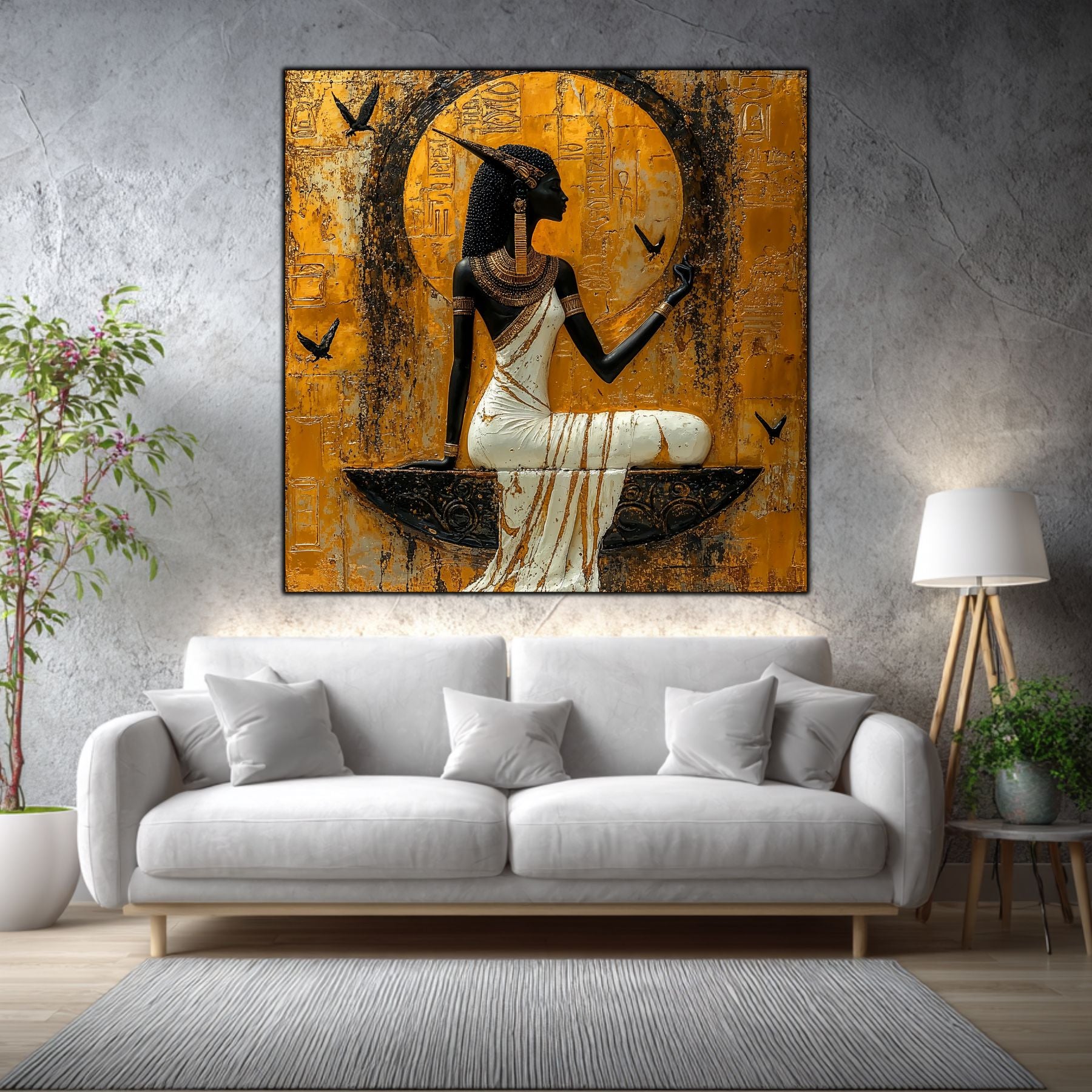 Tablou sticlă Ancestral Light într-un living elegant, cu accente aurii și materiale naturale.