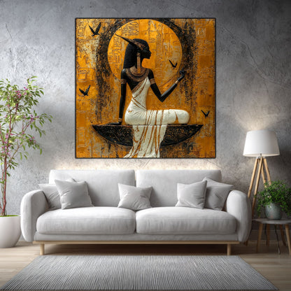 Tablou sticlă Ancestral Light într-un living elegant, cu accente aurii și materiale naturale.