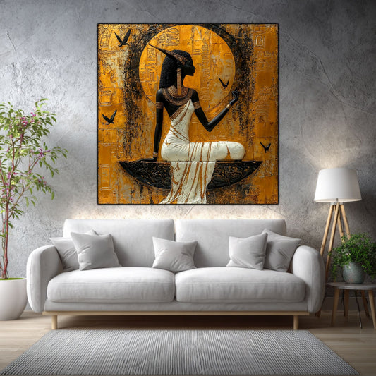 Tablou sticlă Ancestral Light într-un living elegant, cu accente aurii și materiale naturale.
