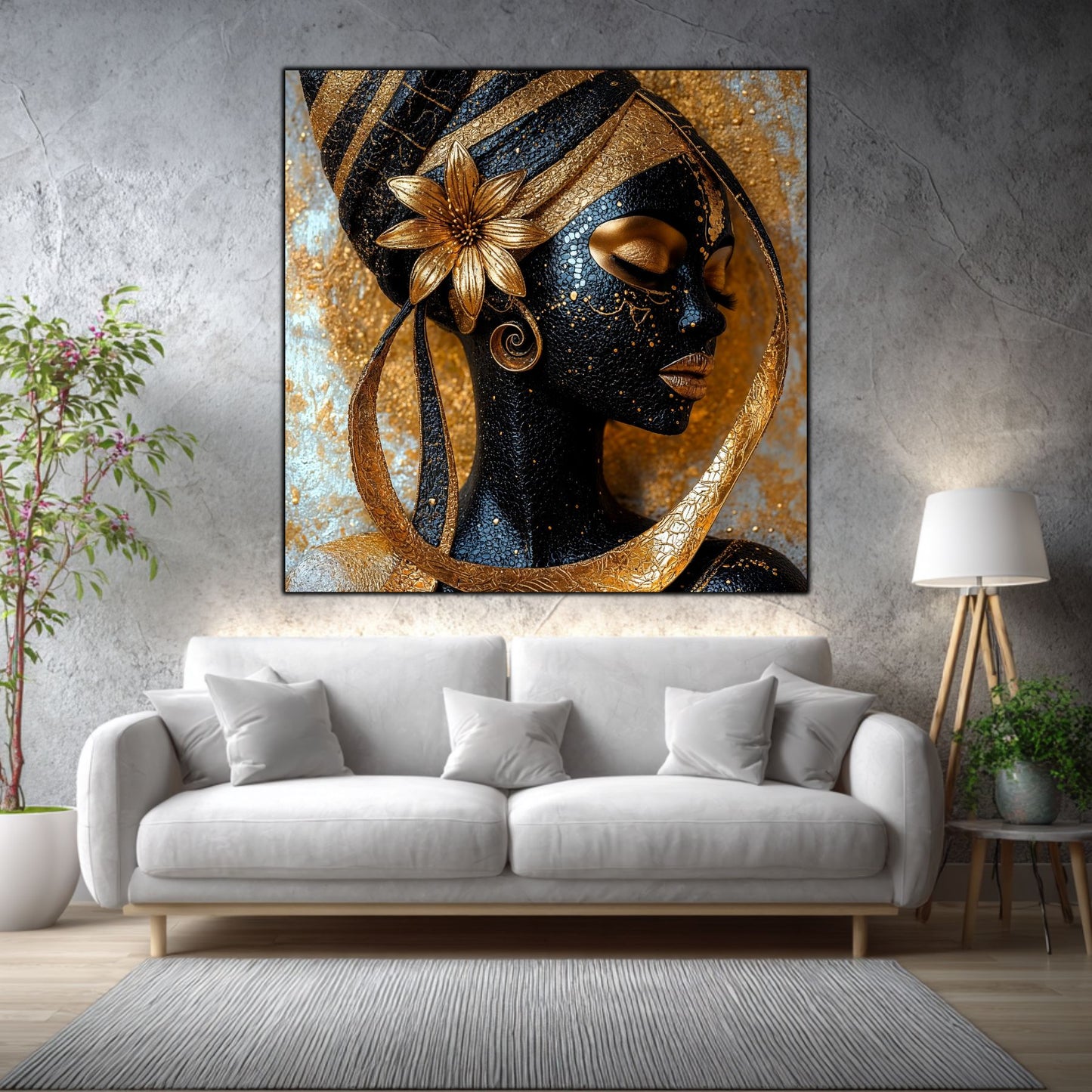 Tablou living Lotus Oracle într-un living elegant, cu accente aurii și materiale naturale.