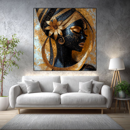 Tablou living Lotus Oracle într-un living elegant, cu accente aurii și materiale naturale.