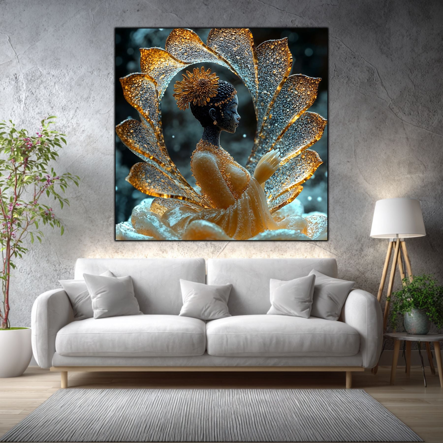 Tablou dormitor Lotus Vessel într-un living elegant, cu accente aurii și materiale naturale.