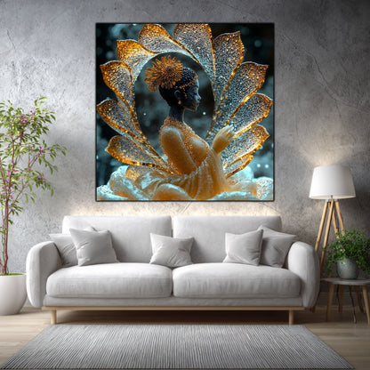 Tablou dormitor Lotus Vessel într-un living elegant, cu accente aurii și materiale naturale.