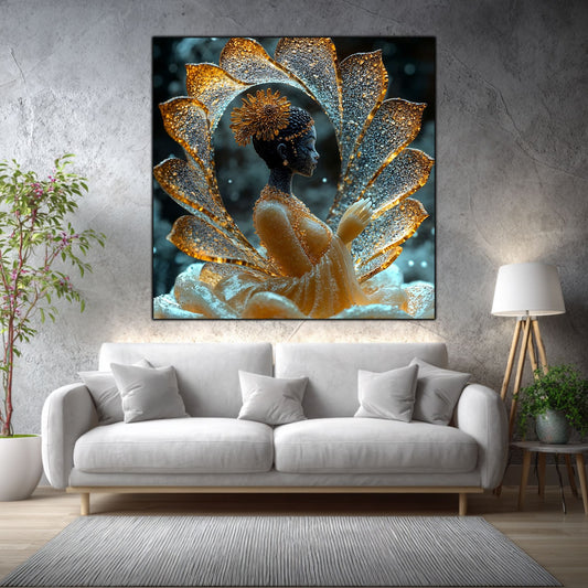 Tablou dormitor Lotus Vessel într-un living elegant, cu accente aurii și materiale naturale.