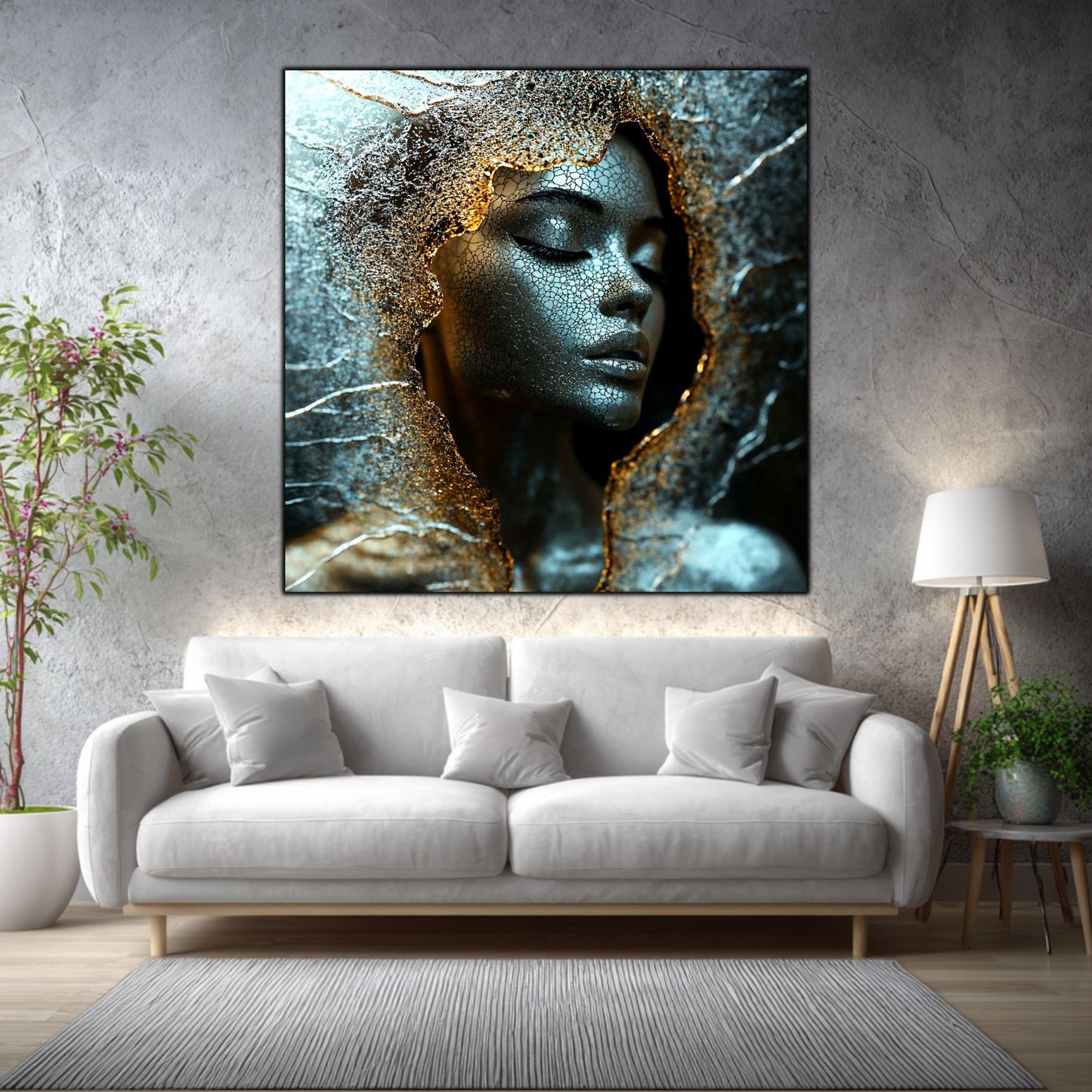 Tablou living Quiet Shard într-un living elegant, cu accente aurii și materiale naturale.
