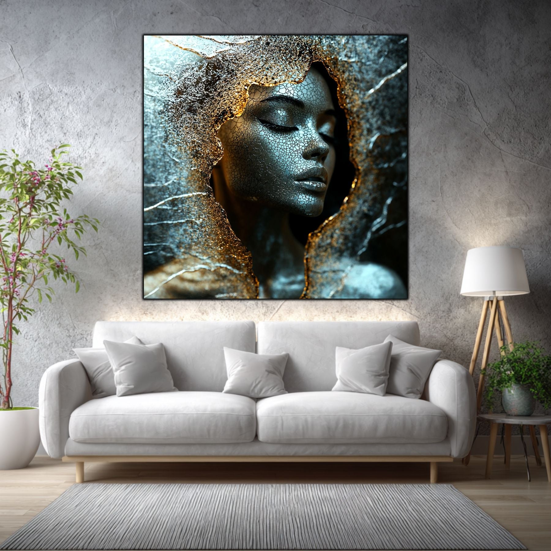 Tablou living Quiet Shard într-un living elegant, cu accente aurii și materiale naturale.