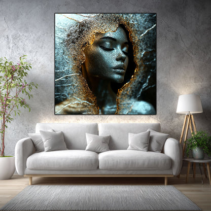 Tablou living Quiet Shard într-un living elegant, cu accente aurii și materiale naturale.