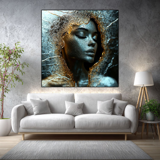 Tablou living Quiet Shard într-un living elegant, cu accente aurii și materiale naturale.