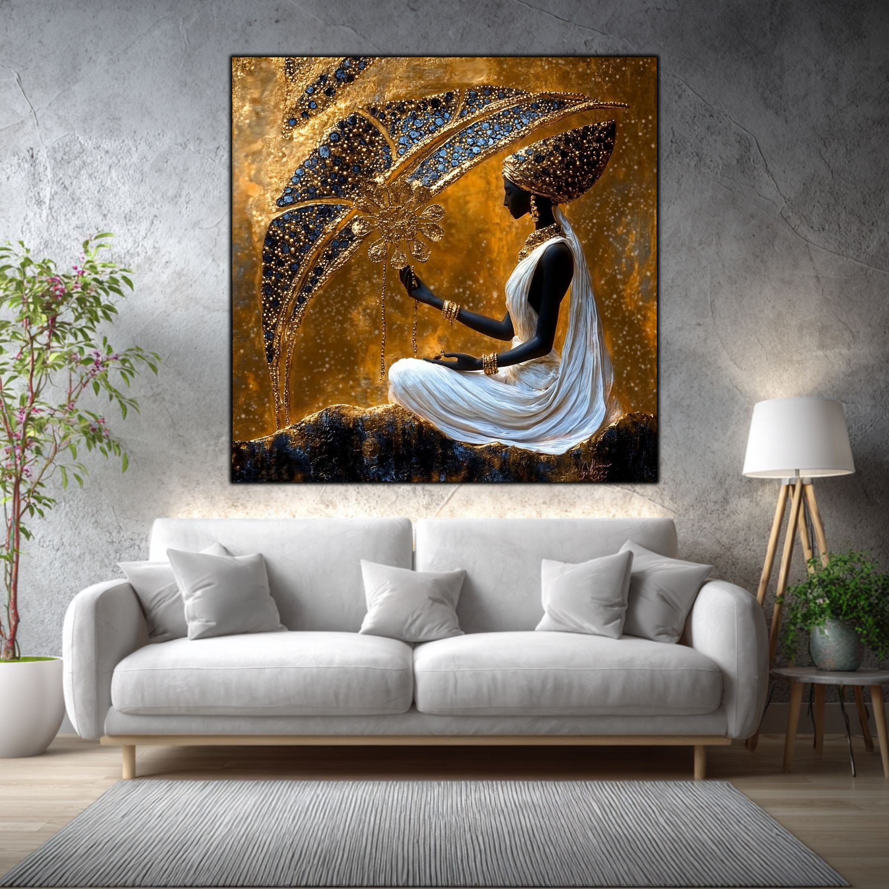 Tablou dormitor Water of Gold într-un living elegant, cu accente aurii și materiale naturale.