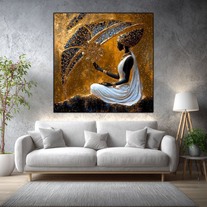 Tablou dormitor Water of Gold într-un living elegant, cu accente aurii și materiale naturale.