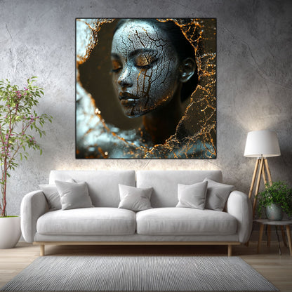Tablou sticlă Golden Fracture într-un living elegant, cu accente aurii și materiale naturale.