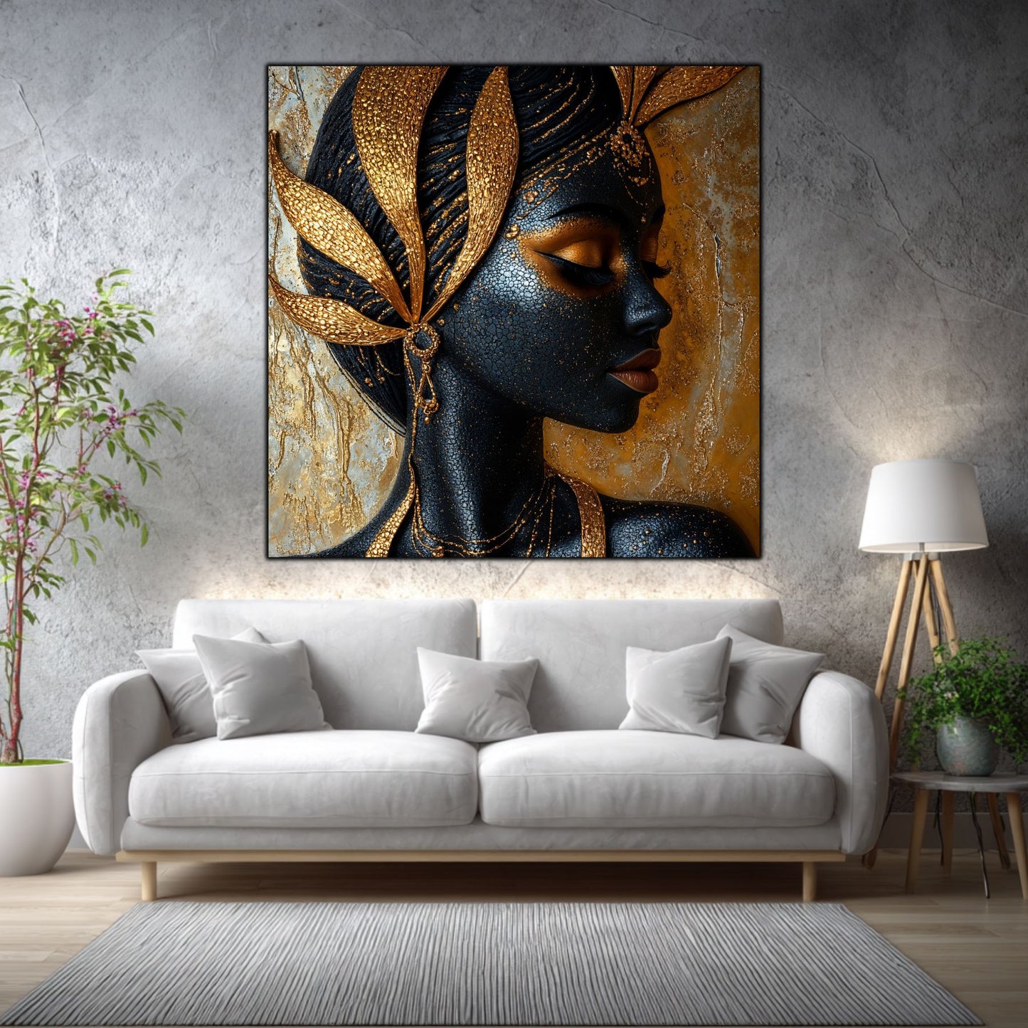 Tablou living Gilded Profile într-un living elegant, cu accente aurii și materiale naturale.